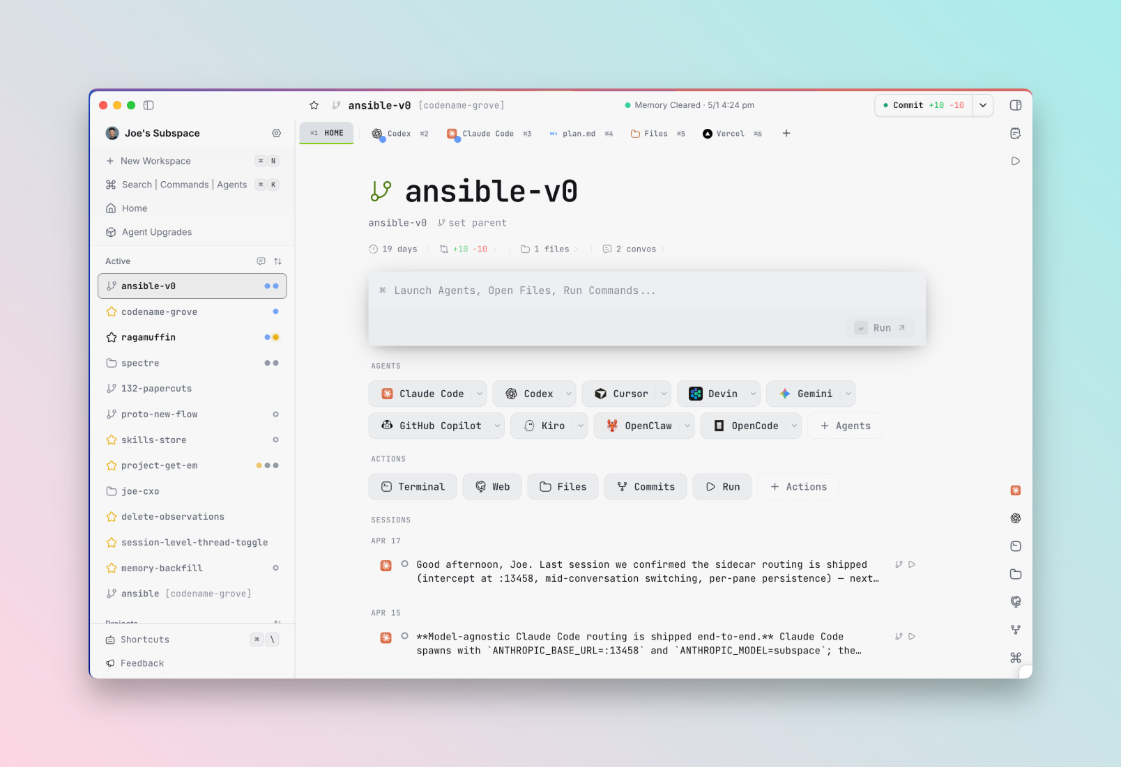 Subspace workspace showing multiple AI coding agents